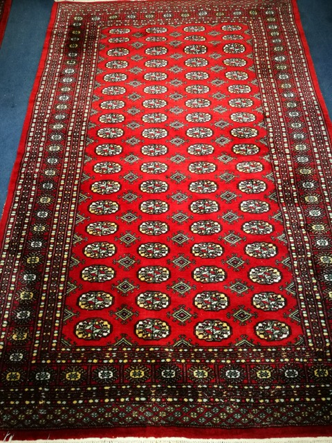 A Bokhara style red ground rug 245 x 156cm